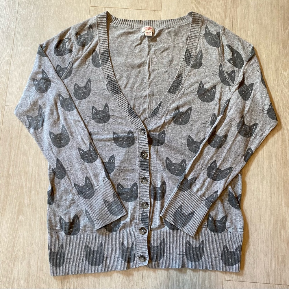 Grandmacore Cat Mossimo Grey Cardigan Buttom-Up V-Neck Long Sleeve Cotton XXL
